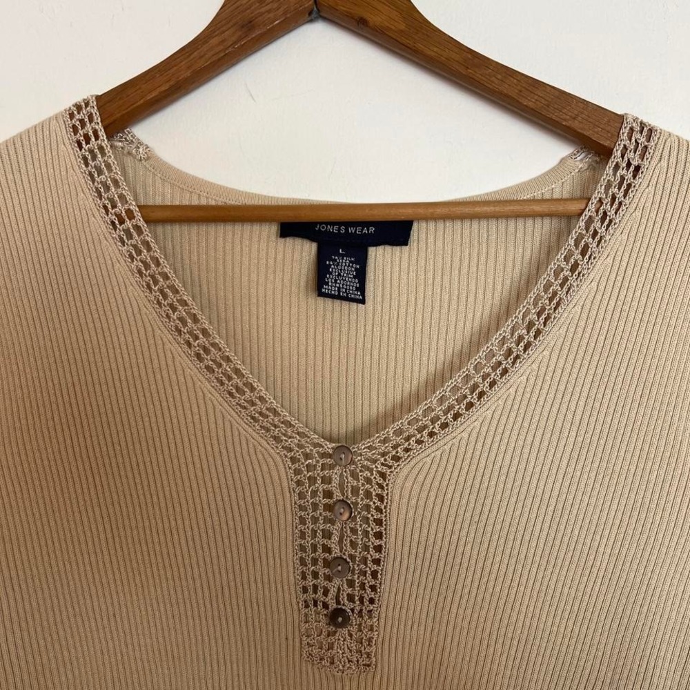 Vintage Y2K Silk Blend Minimalist Cream Tan Ribbed Knit Tank Top with Crochet - Picture 7 of 8